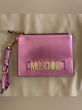 Moschino Logo-Plaque Metallic Leather Clutch